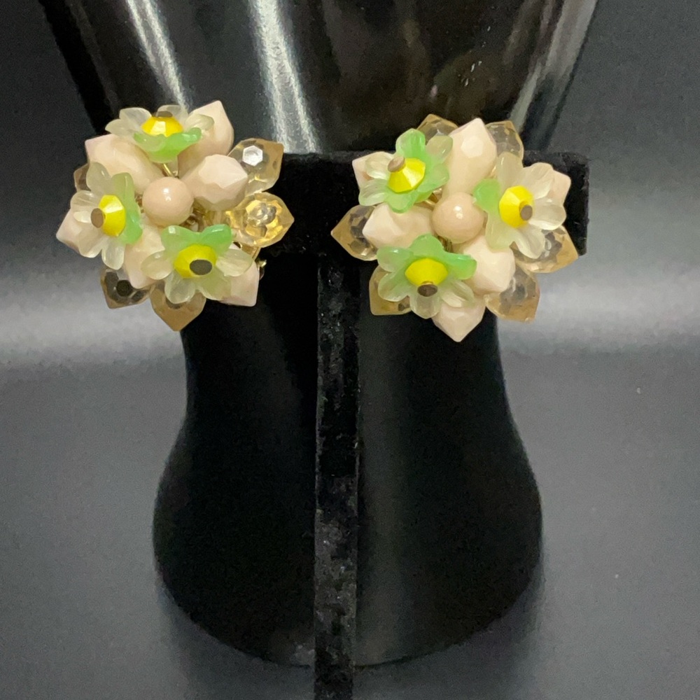 Vintage Green and Yellow Lucite Floral Earrings